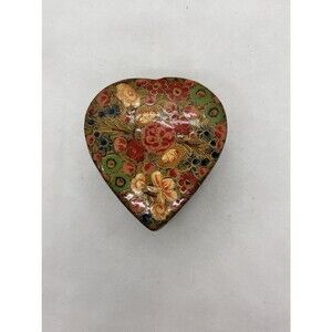 Kashmir Lacquer Hand Painted Trinket Box Gold Heart Flowers